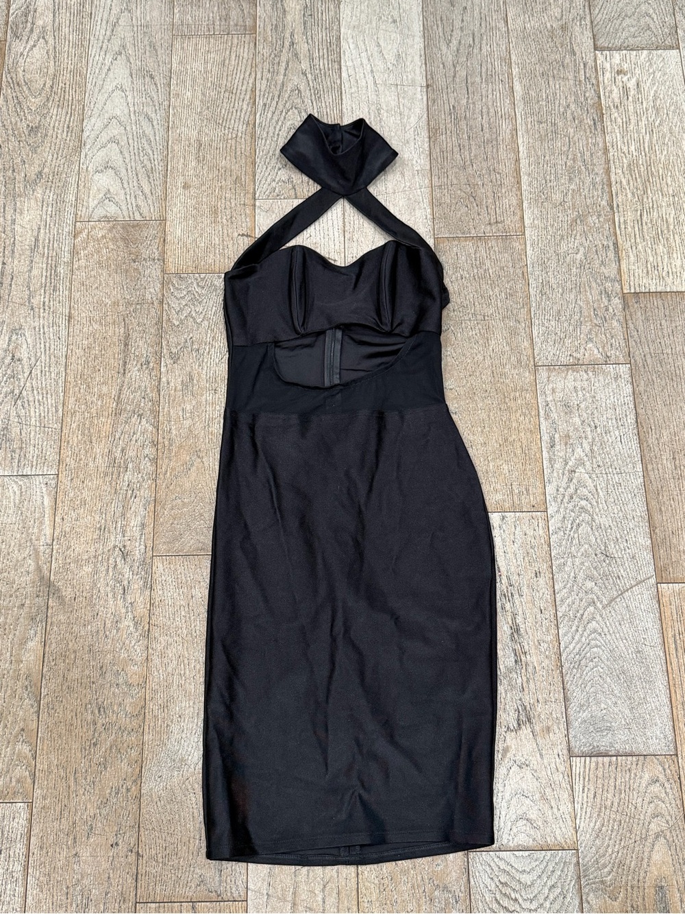 L'Impasse Boutique Black Halter Cocktail Dress Structured Bustier Cutout Midi